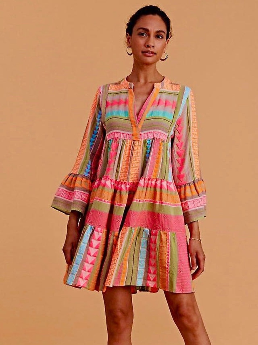 Devotion Twins Ella Neon Multi Patterned Cotton Tiered Mini Dress Size M